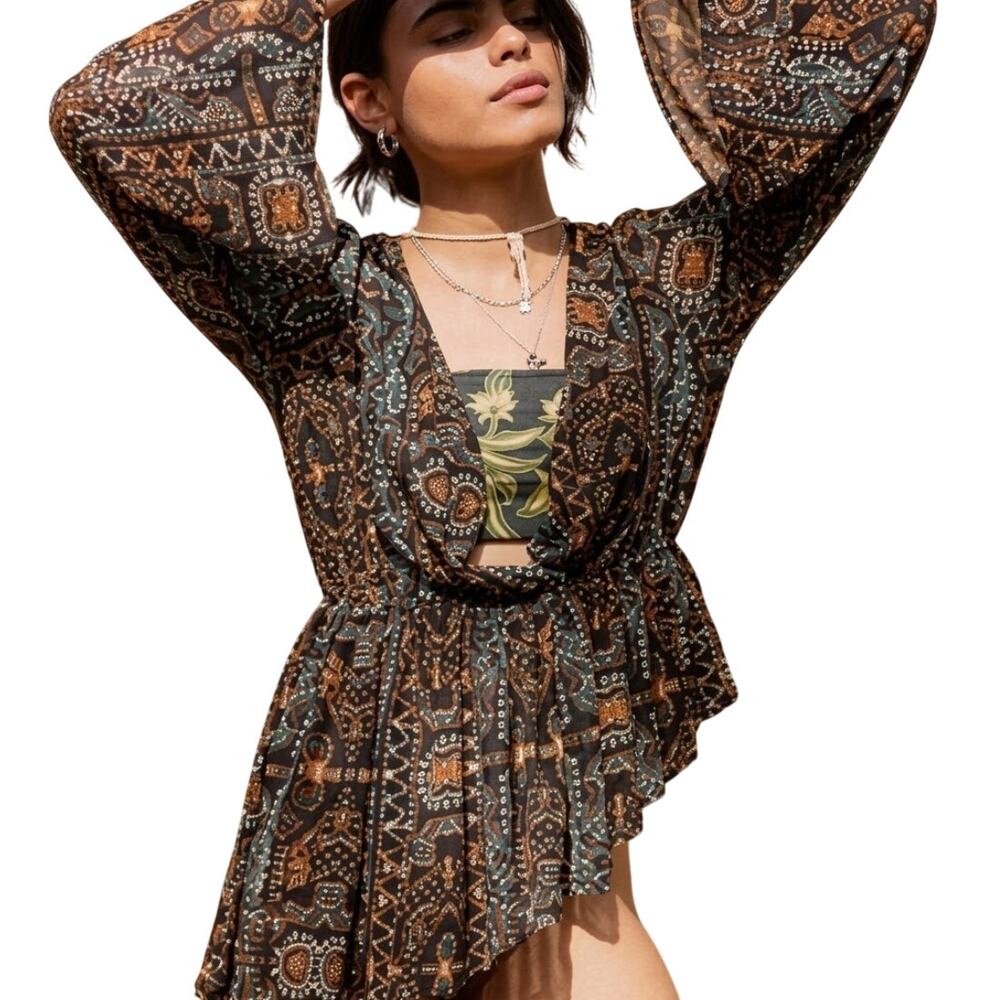 Free People Going Out Top Womens Small Black Copper Sheer Asymmetric Boho Blouse